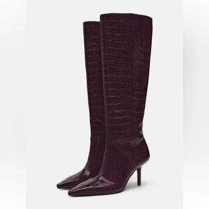 Zara Burgundy Knee-High Croc Boots